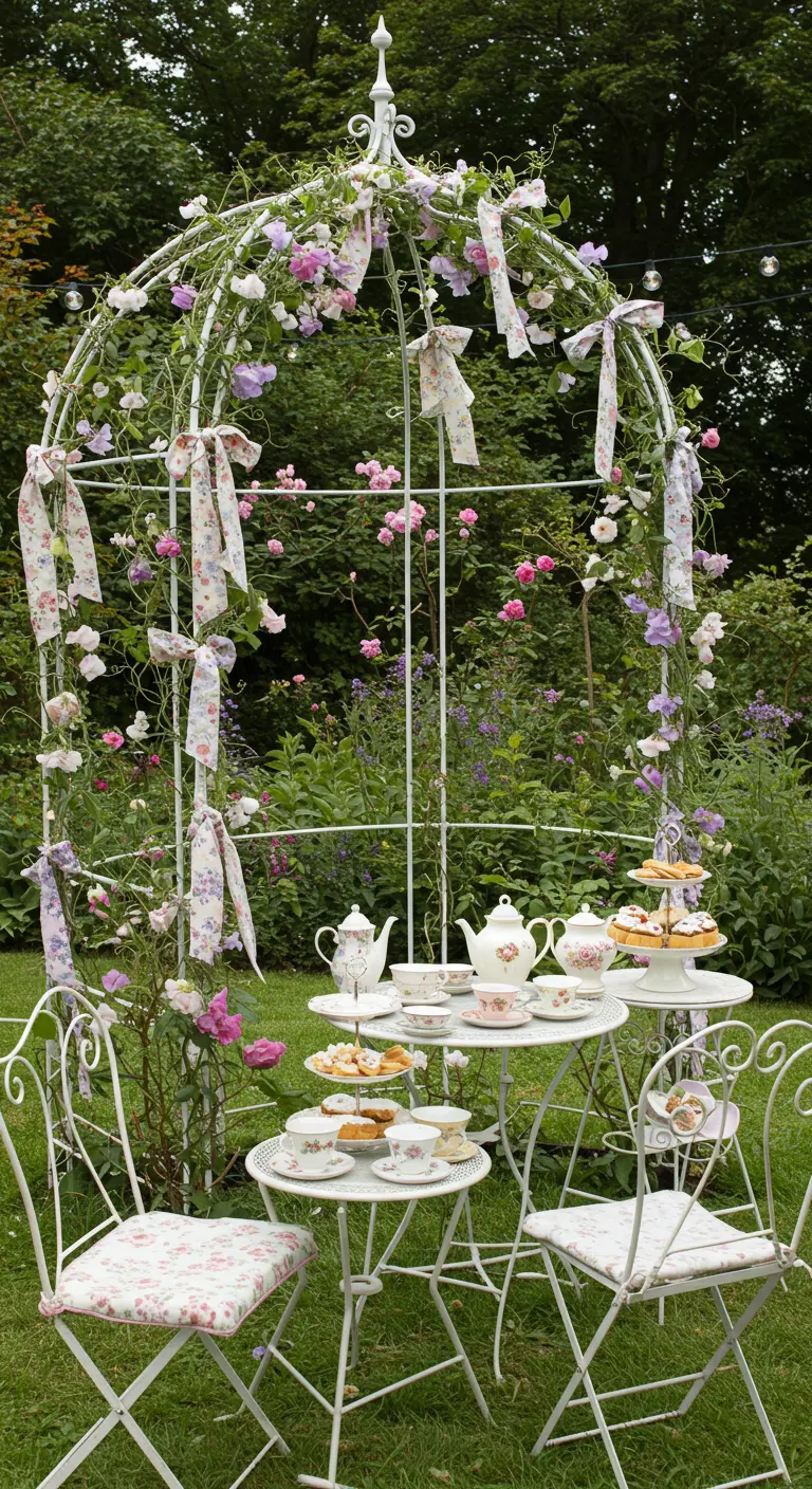 Gloriette de jardin avec rubans fleuris, roses grimpantes et table de thé.