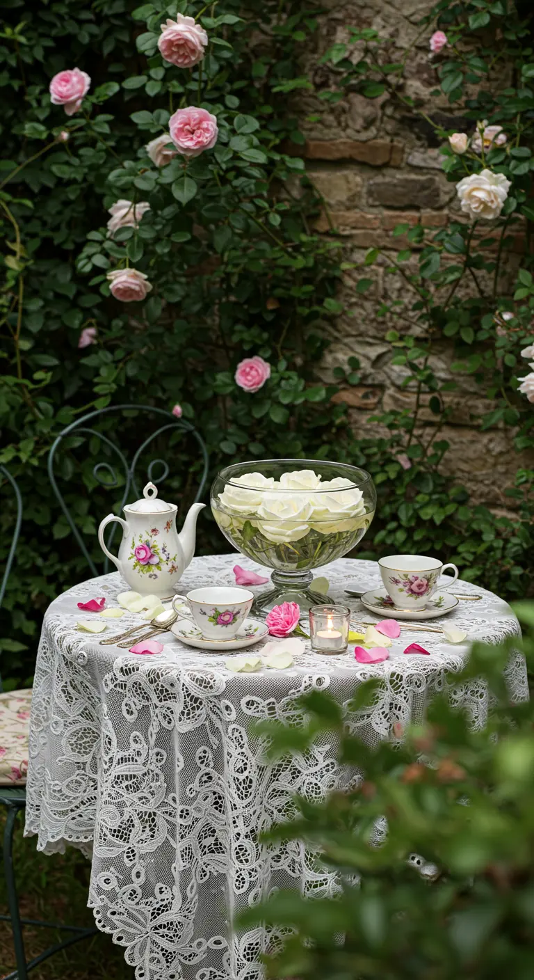 Petite table ronde en dentelle, service à thé vintage, roses blanches et pétales.