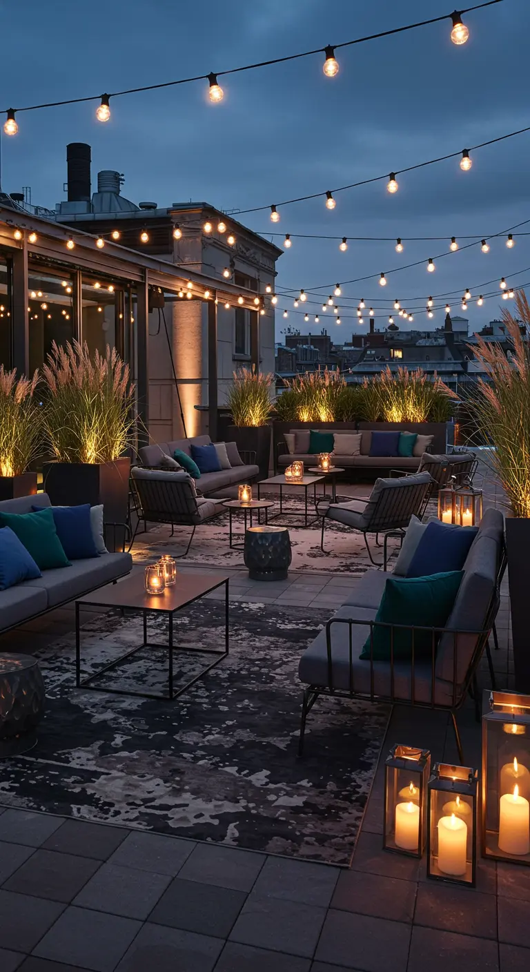 Toit-terrasse moderne avec salon gris, tapis abstrait, coussins bleus, lanternes et guirlandes.