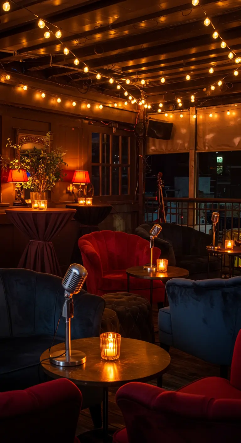 Salon d'extérieur cosy avec des canapés en velours, des lampes à abat-jour et des guirlandes lumineuses au plafond.