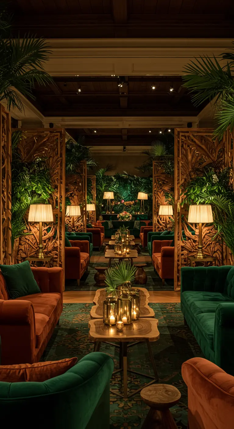 Salon d'hôtel luxueux avec canapés en velours vert et terracotta, tables basses en bois, plantes tropicales et paravents sculptés.