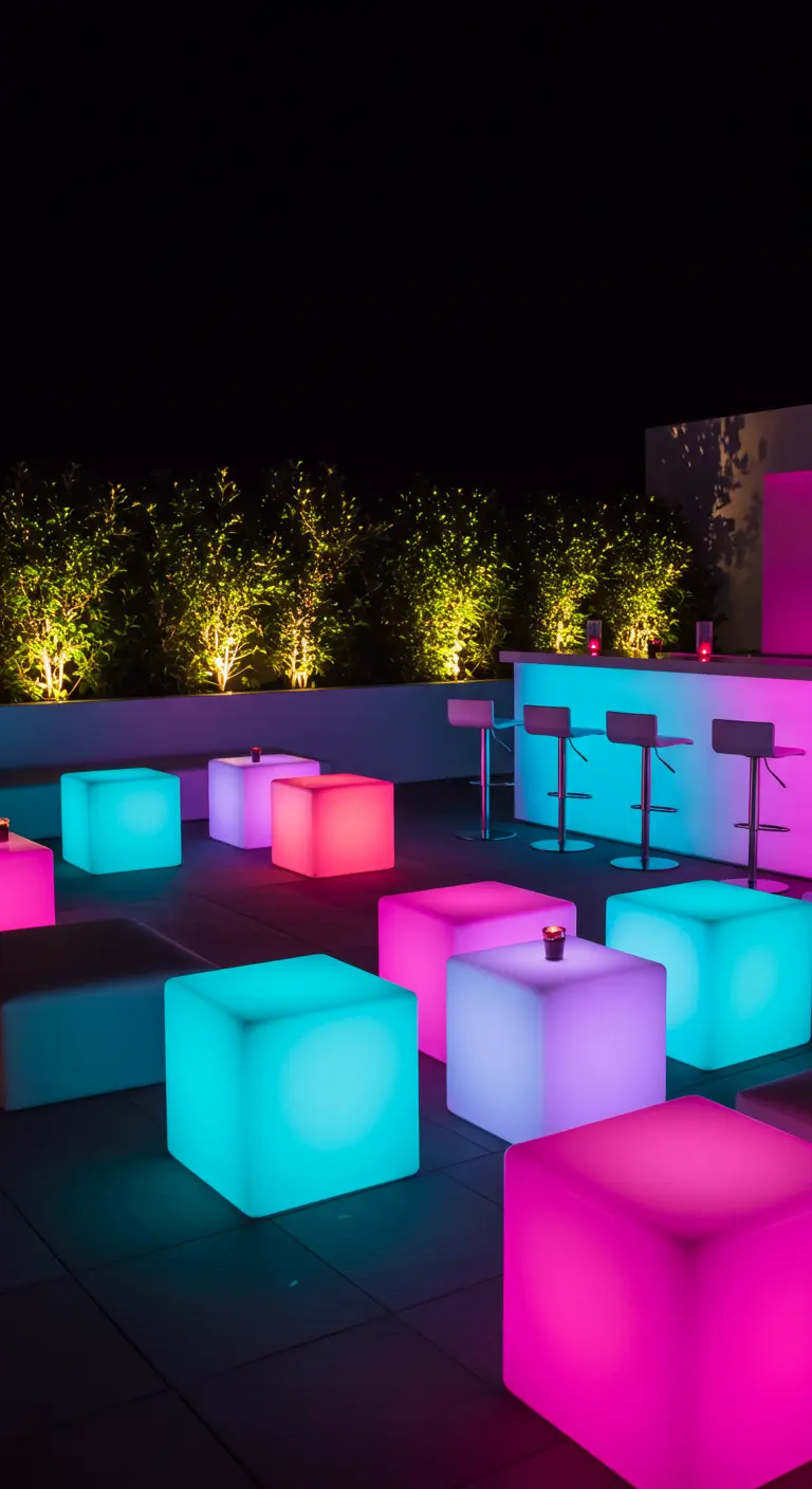 Terrasse de toit avec des sièges cubiques lumineux multicolores et un bar.