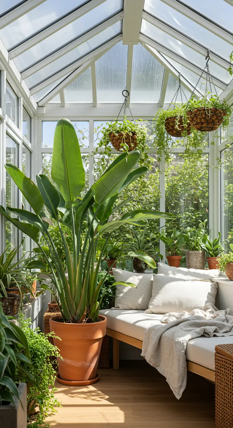 Véranda lumineuse avec Strelitzia nicolai, canapé blanc, paniers suspendus.