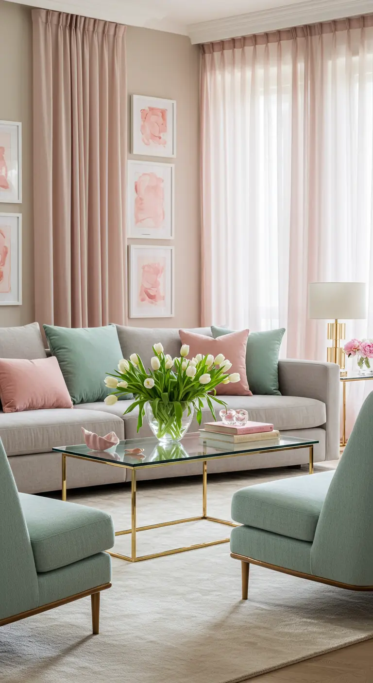 Salon moderne avec rideaux roses, canapé gris, fauteuils aqua et tulipes blanches.