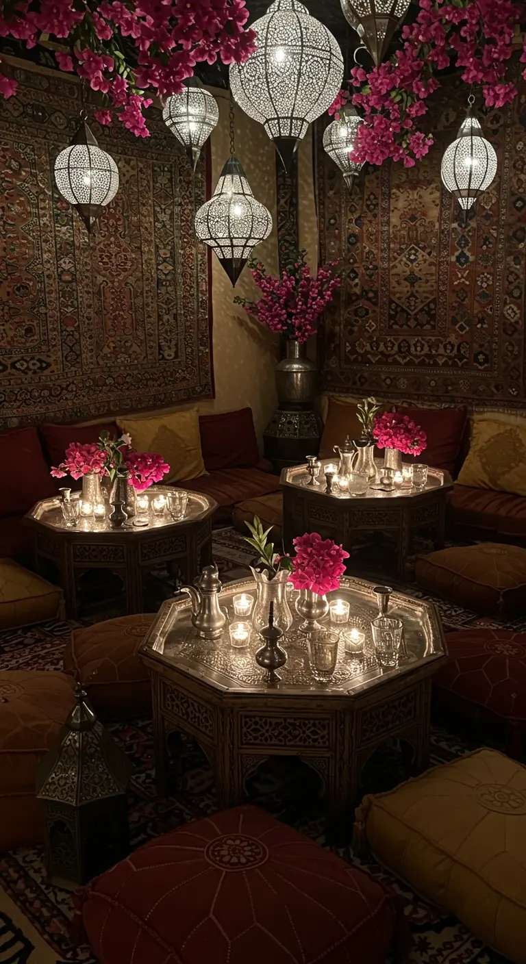 Salon de style marocain avec plusieurs tables basses en métal, bougies, lanternes et coussins au sol.