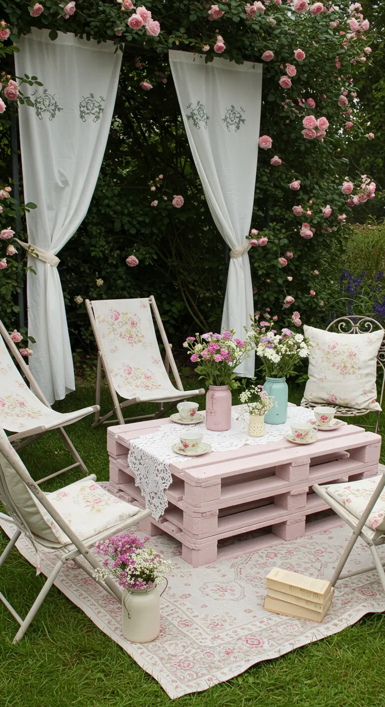 Salon de jardin romantique avec palettes rose poudré, nappe en dentelle et rosiers.