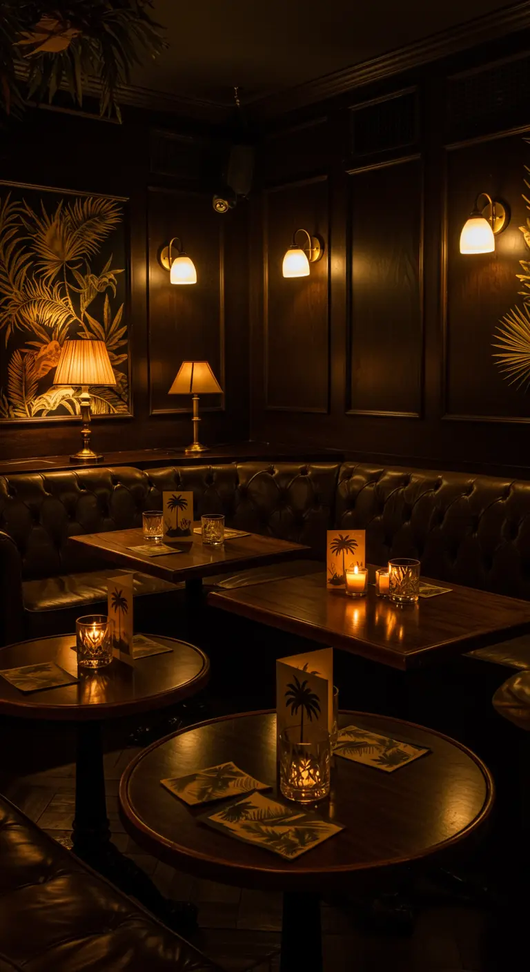 Intérieur de bar sombre avec banquettes en cuir, tables en bois, lampes de table et décorations murales tropicales.