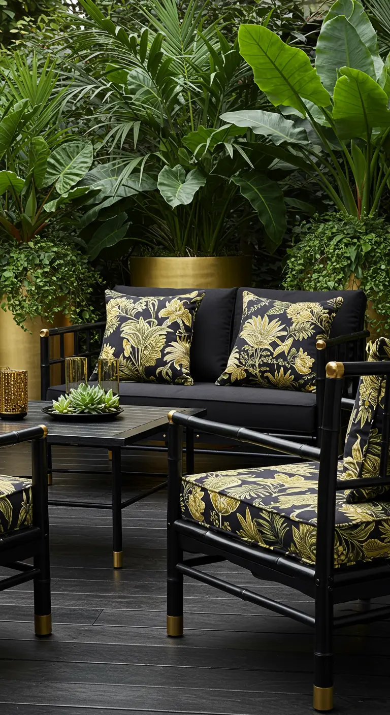 Salon de jardin tropical noir avec coussins à motifs or, plantes luxuriantes et pots dorés.
