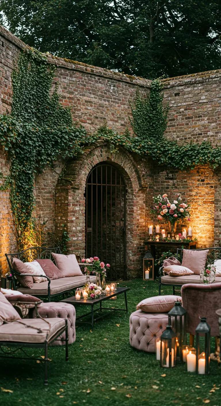 Salon d'extérieur avec canapés en velours rose dans une cour en briques, éclairé par des bougies.