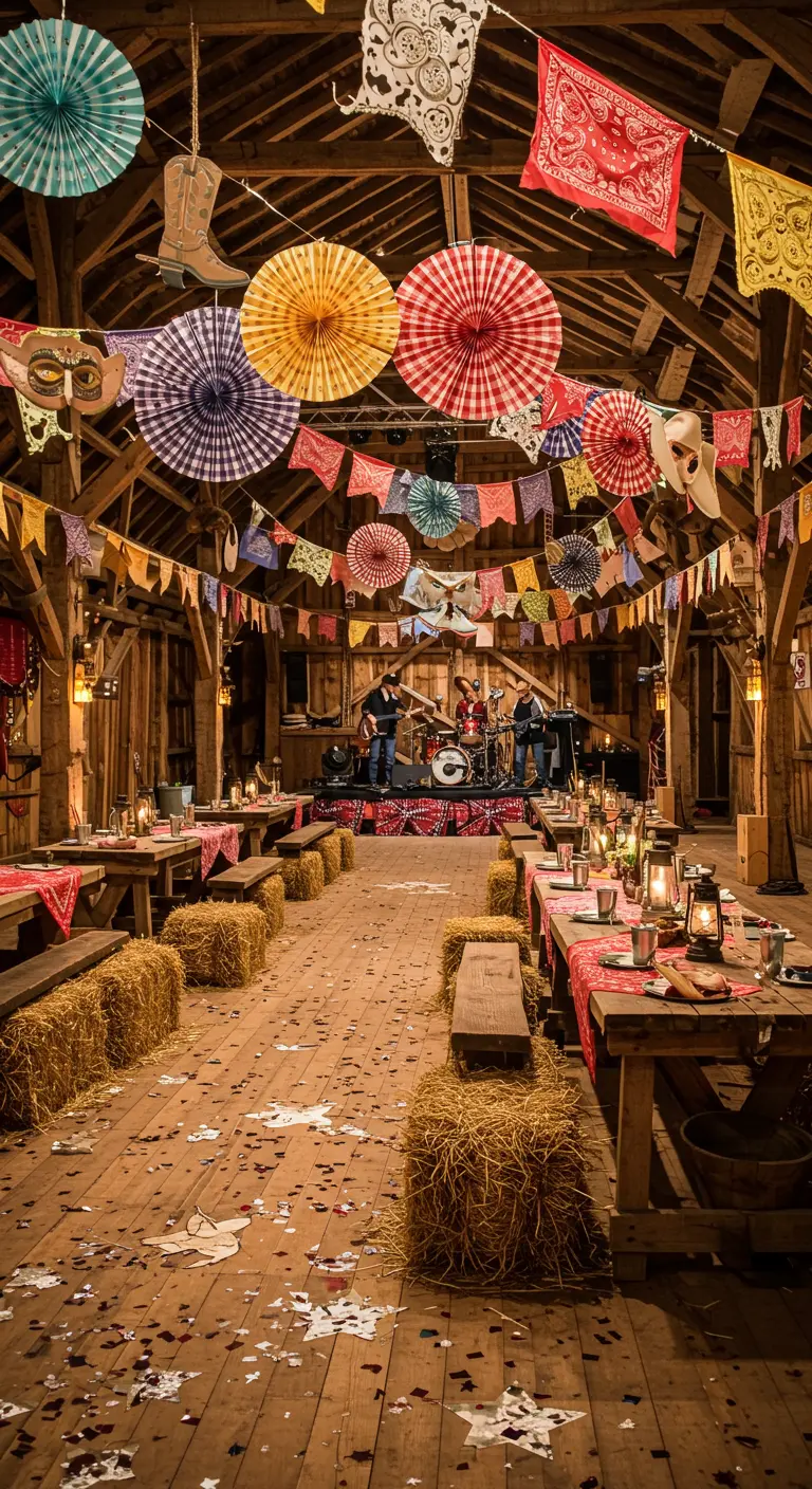 Grange décorée style Western avec bottes de foin, fanions bandana et lampions.