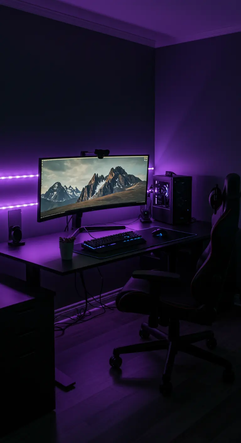 Bureau de gaming sombre avec écran large et éclairage LED violet immersif.