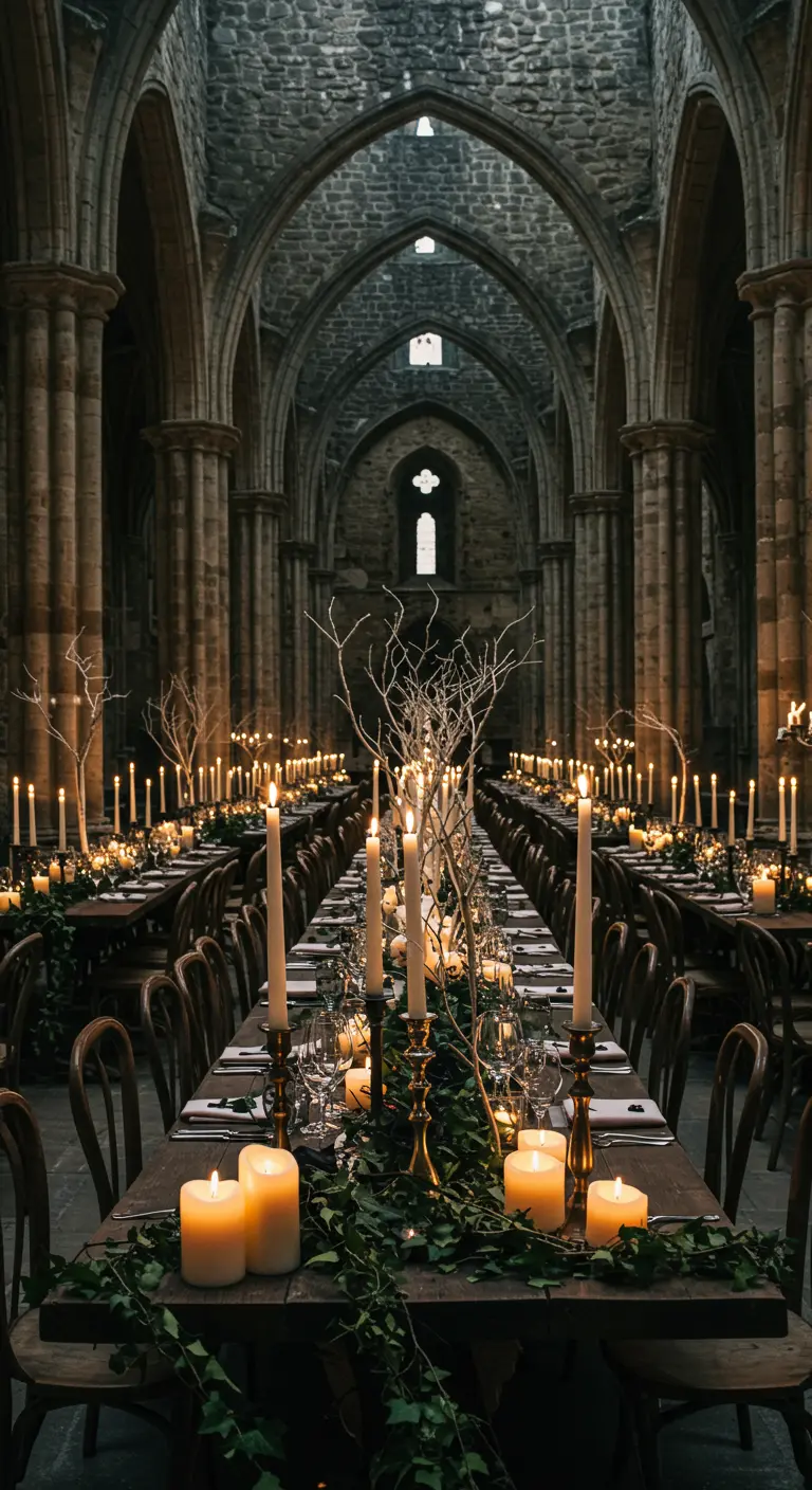 Longues tables de banquet dans une abbaye en ruines, illuminées par des centaines de bougies.