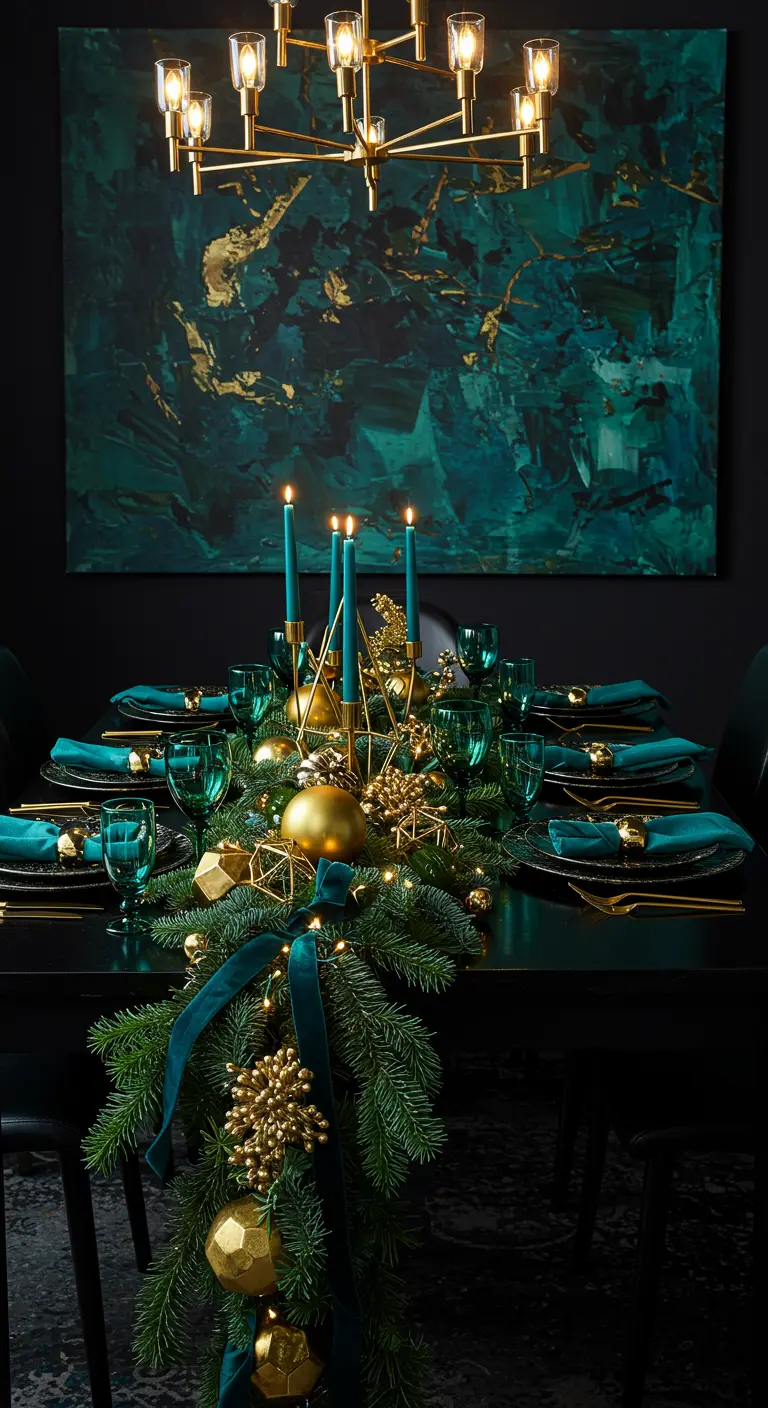 Table noire avec chemin de table sapin, boules dorées géométriques, bougies bleues et art mural.