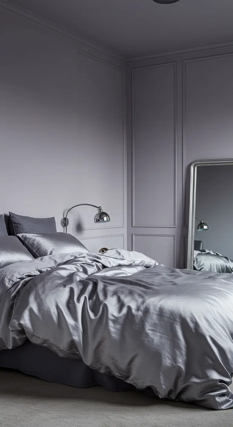 Chambre élégante avec des murs gris lavande et un lit habillé de draps en satin argenté.