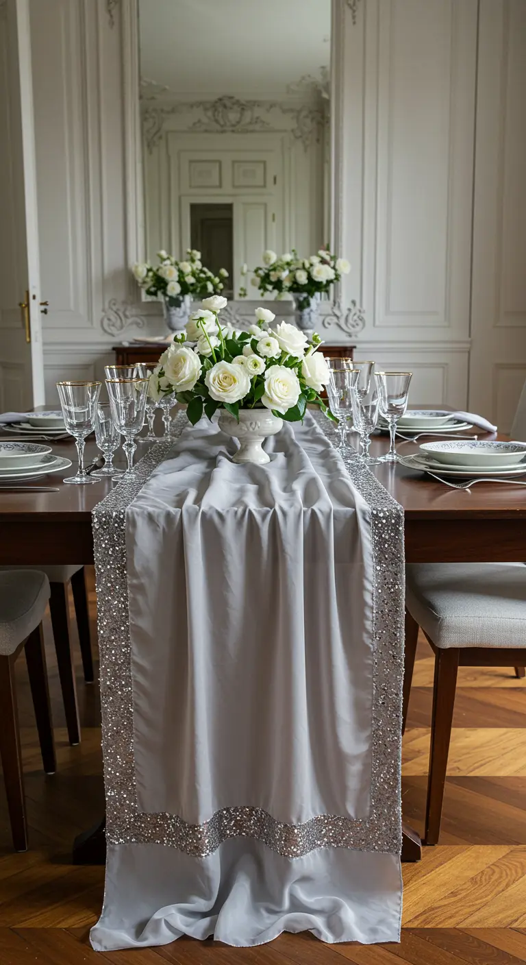 Table élégante avec un chemin de table en satin gris bordé de sequins et un bouquet de roses blanches.