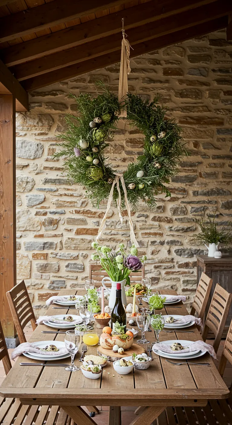 Couronne de romarin décorée de petits artichauts et d'œufs de caille, suspendue au-dessus d'une table.