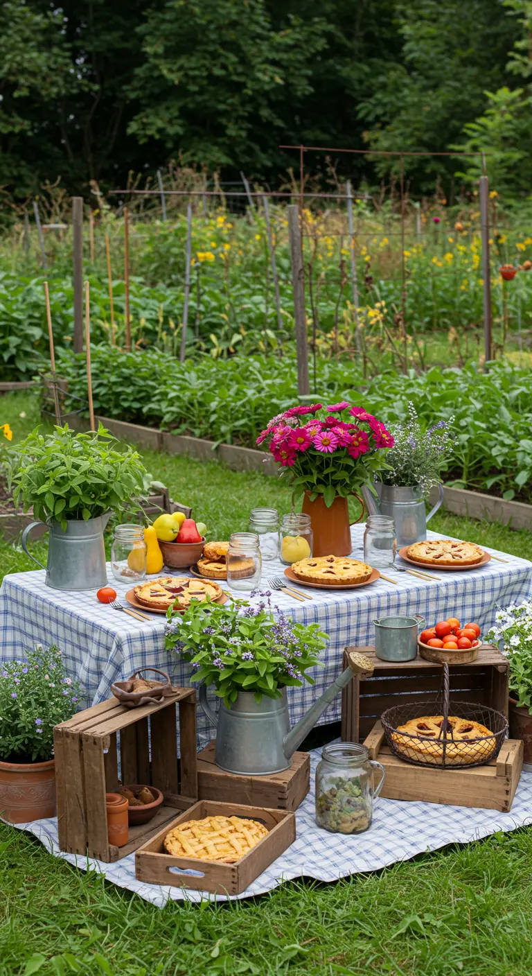 Pique-nique en jardin avec nappe à carreaux vichy, caisses en bois, tartes et herbes aromatiques.