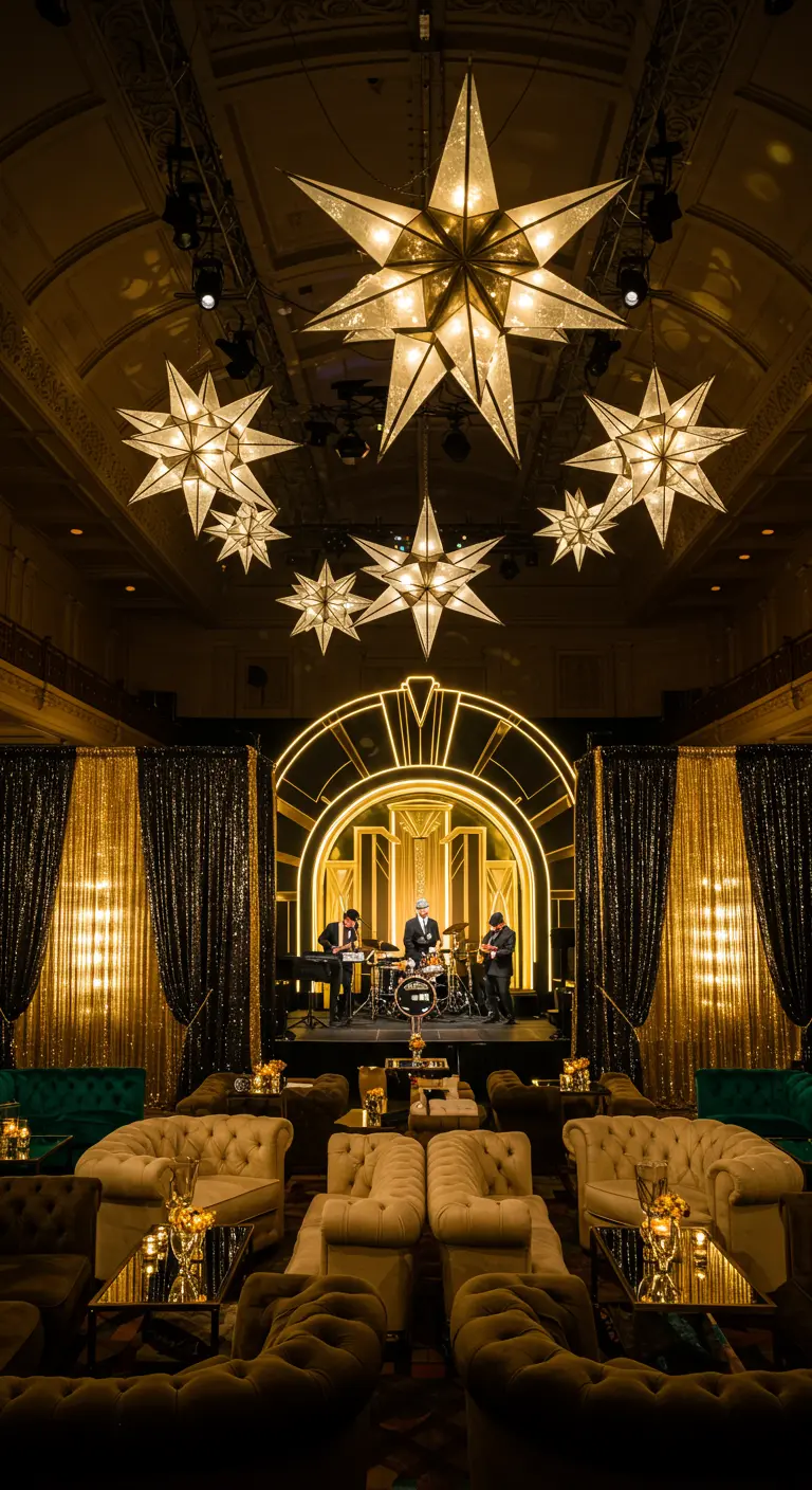 Salle de réception Art Déco avec une scène dorée, des rideaux brillants et des étoiles lumineuses géantes.