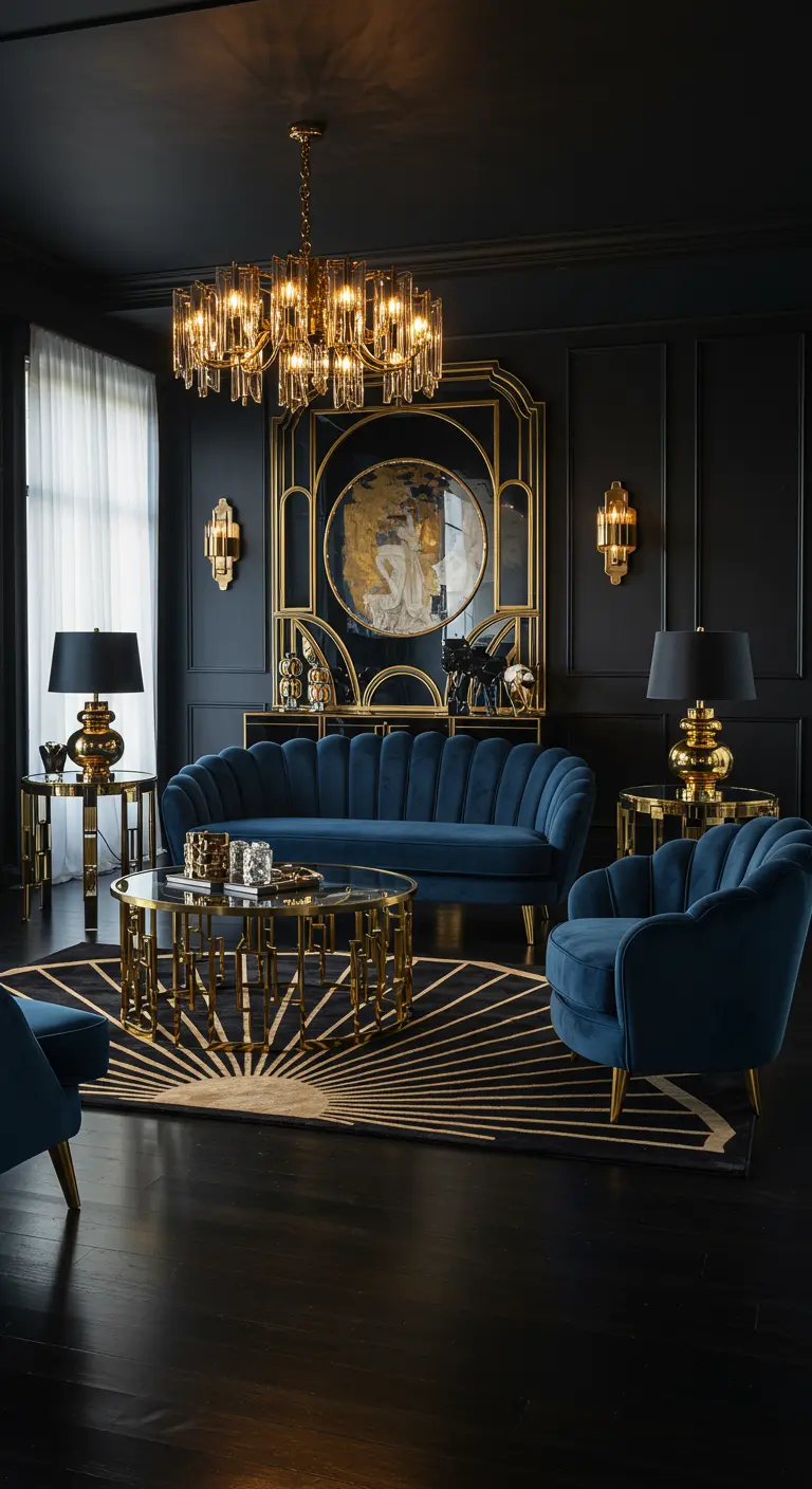 Salon Art Déco sombre et luxueux avec un tapis graphique noir et or.