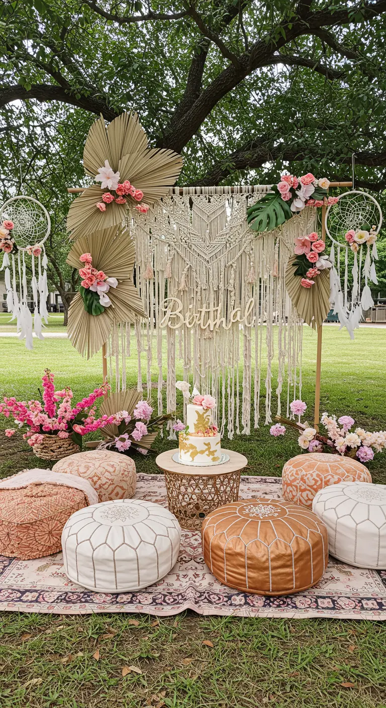Décor de fête bohème en extérieur avec macramé, feuilles de palmier et fleurs roses.