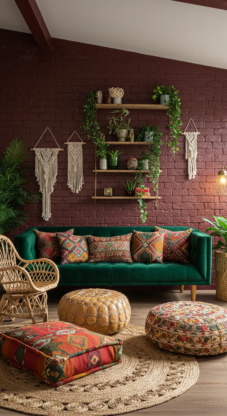 Salon bohème avec mur de briques bordeaux, canapé vert émeraude et décorations en macramé.