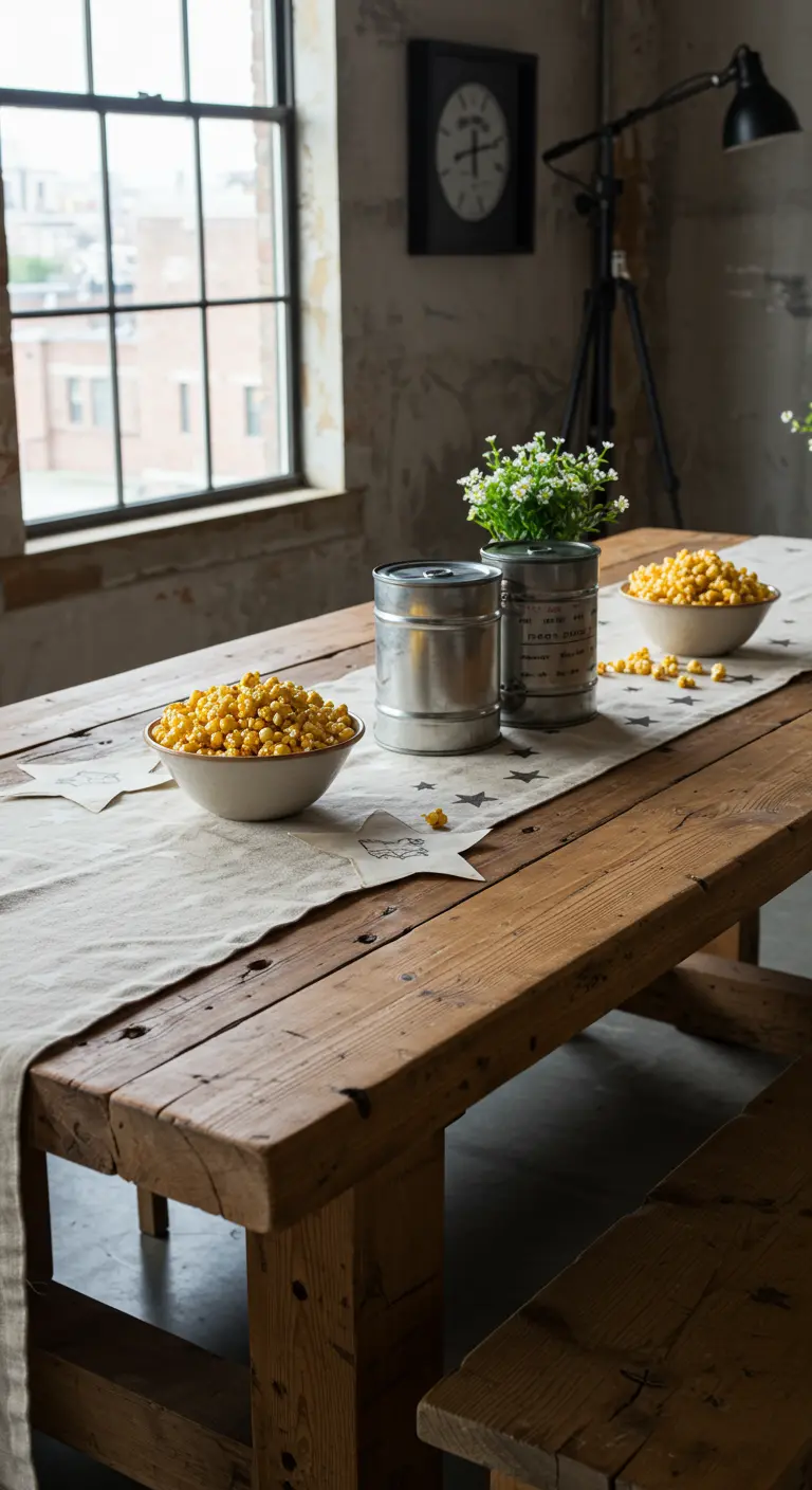 Table en bois brut avec chemin de table en toile, boîtes métalliques et pop-corn simple.
