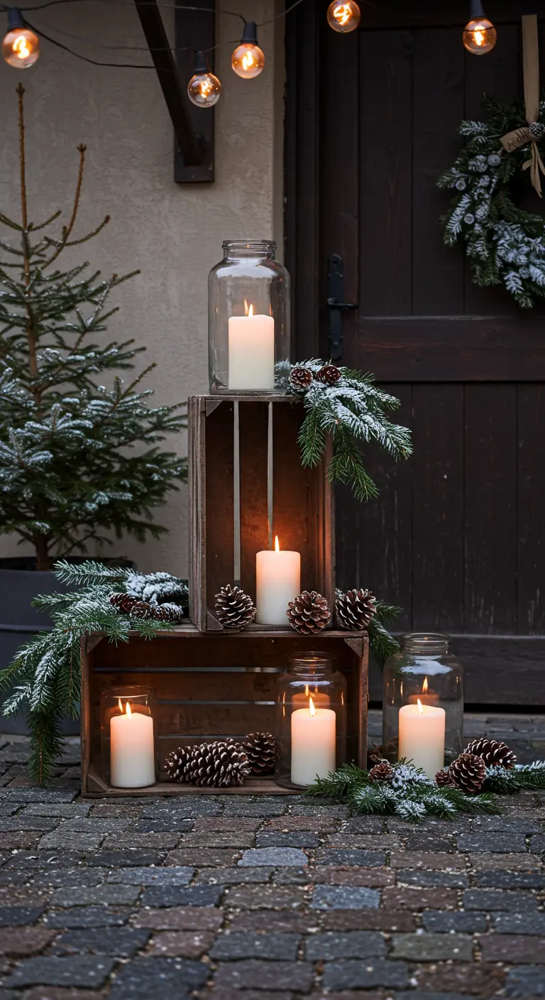 Caisses en bois empilées avec des bougies blanches, des pommes de pin et des branches de sapin.
