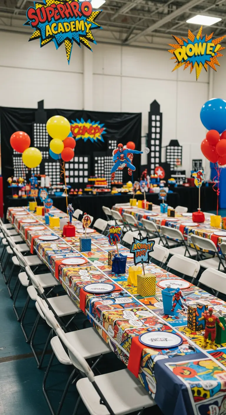 Table de fête super-héros avec nappe à motifs de bande dessinée et figurines de héros.