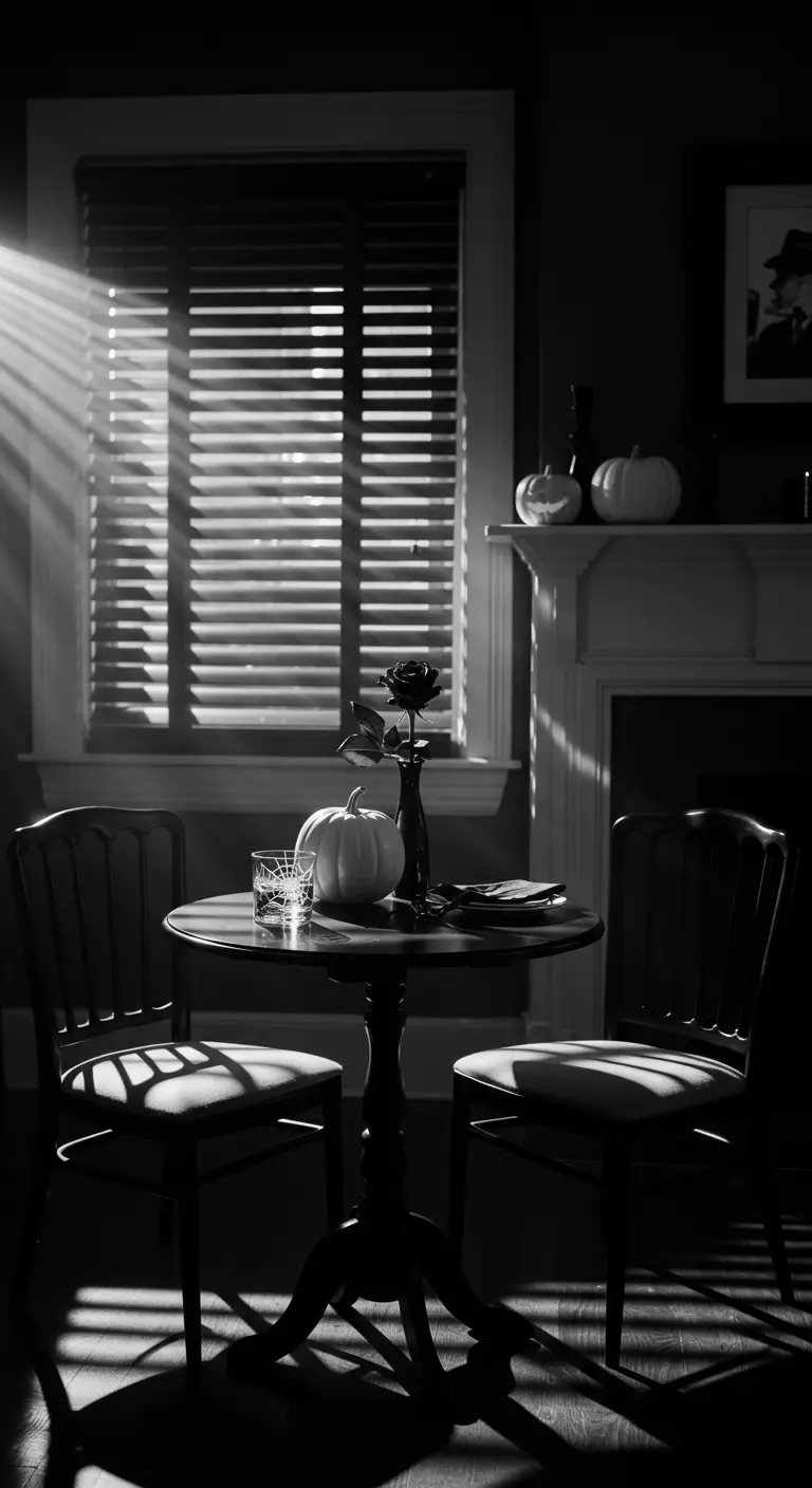 Scène d'Halloween en noir et blanc inspirée des films noirs, avec une citrouille blanche.