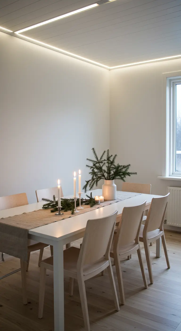 Chemin de table beige avec branches de sapin et bougies blanches sur une table d'hiver.