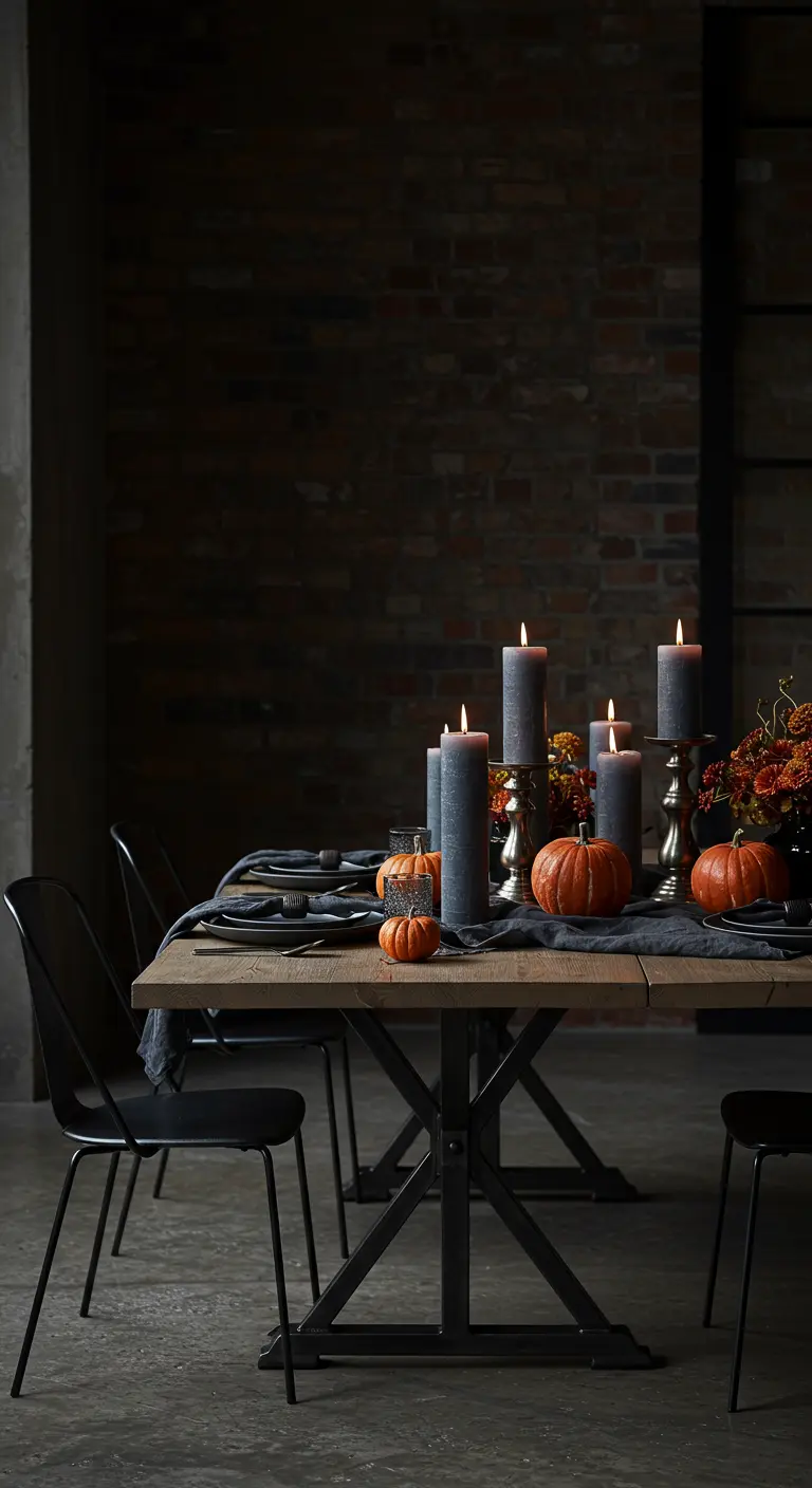 Table à manger de style industriel avec des bougies grises et des citrouilles oranges, ambiance tamisée.