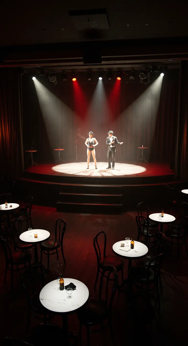 Petite scène de cabaret avec deux artistes, tables rondes et chaises sombres.