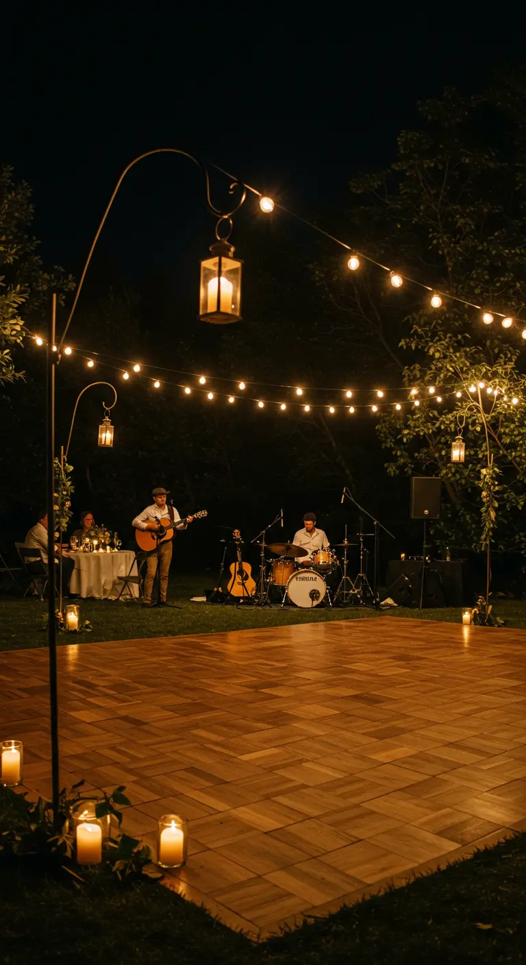 Piste de danse extérieure avec un groupe de musique, éclairée par des guirlandes et des lanternes.