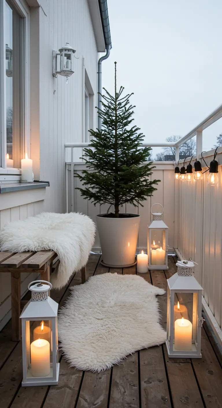 Balcon d'hiver de style scandinave avec des peaux de mouton blanches, des lanternes et un sapin.