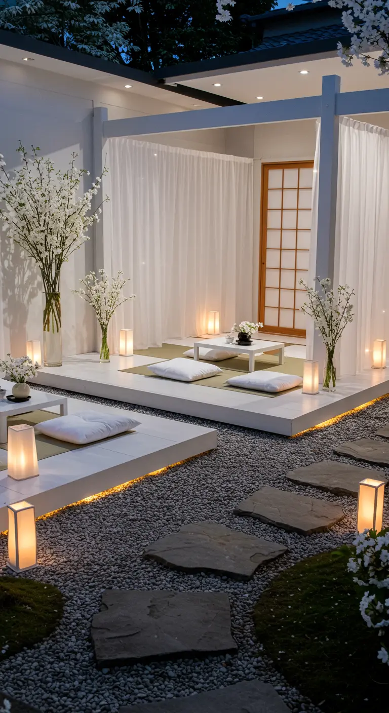 Grande salle de réception blanche avec scène lumineuse, rideaux, canapés et tables miroir éclairées par des bougies.