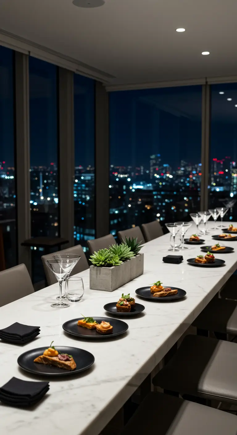 Table de cocktail minimaliste avec vue sur la ville de nuit