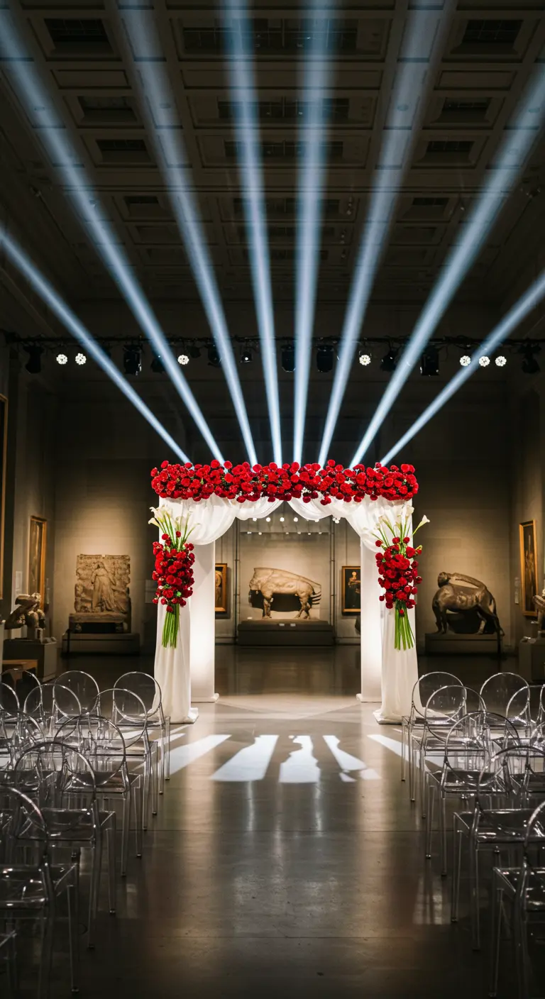 Arche florale rouge et blanche dans un musée avec spots lumineux et chaises transparentes.