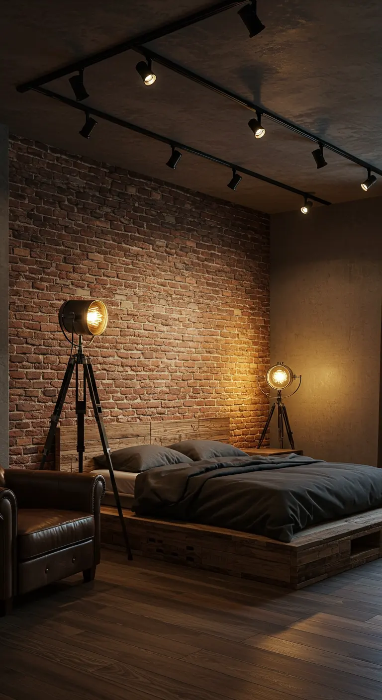 Chambre style industriel avec mur de briques et lampadaires tripodes.
