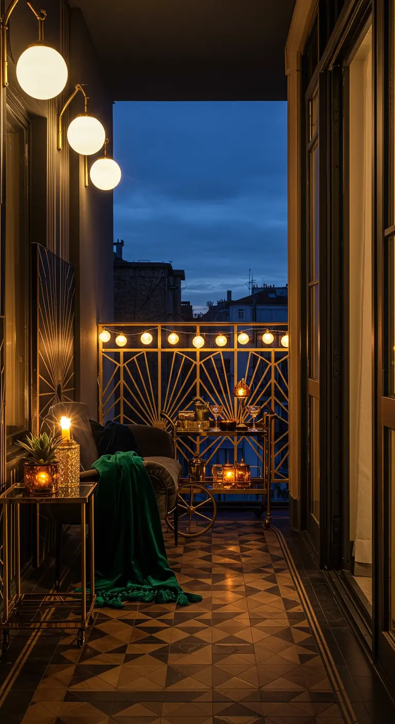 Balcon Art Déco avec dorures, chariot de bar, plaid émeraude et luminaires sphériques. 