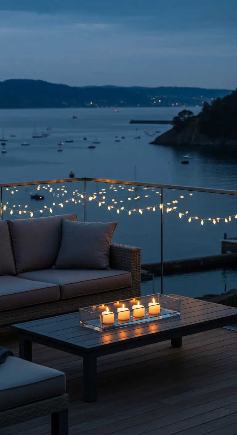 Balcon avec vue sur une baie, guirlande sur la rambarde en verre et bougies.