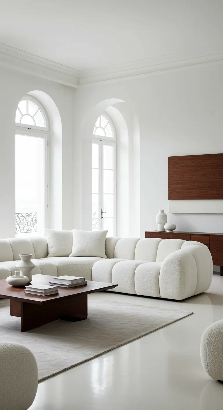 Salon contemporain avec grand canapé modulaire blanc, table basse en bois foncé et grandes fenêtres voûtées.