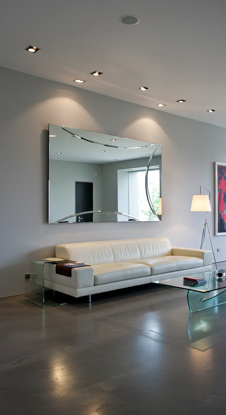 Grand miroir contemporain aux formes irrégulières au-dessus d'un canapé en cuir blanc.