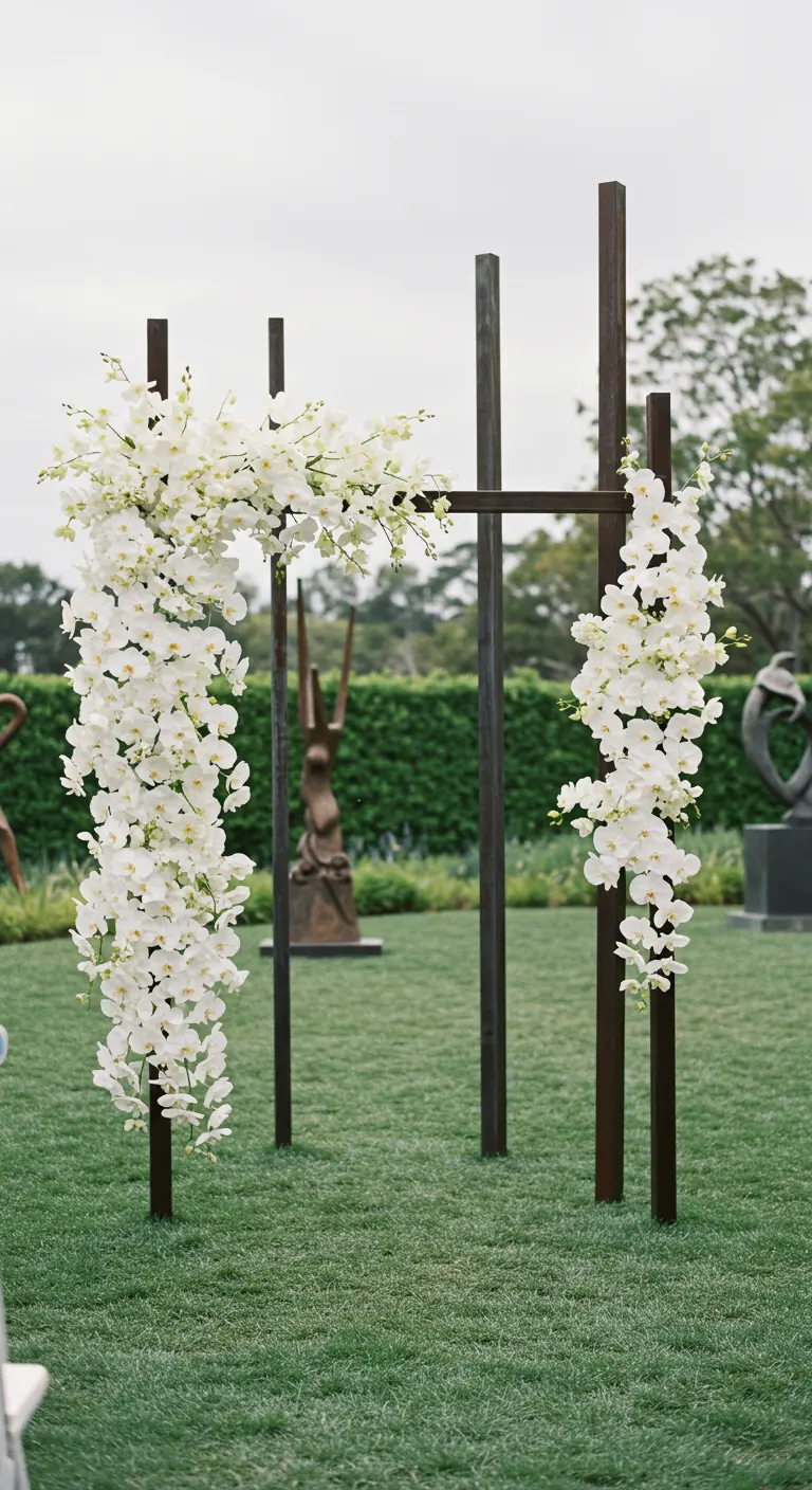 Arche de mariage déconstruite avec des piliers en métal et des cascades d'orchidées blanches.