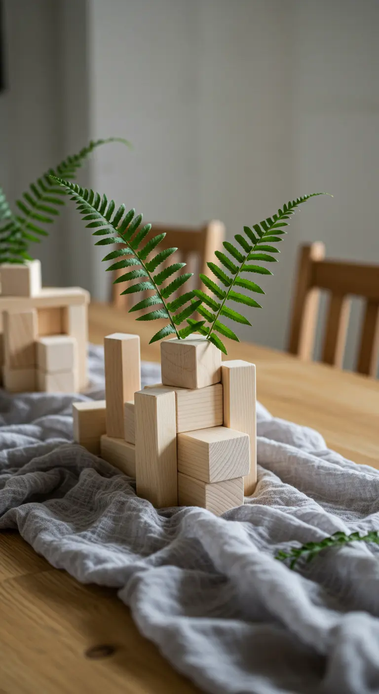 Composition de blocs de bois empilés d'où sortent des feuilles de fougère.