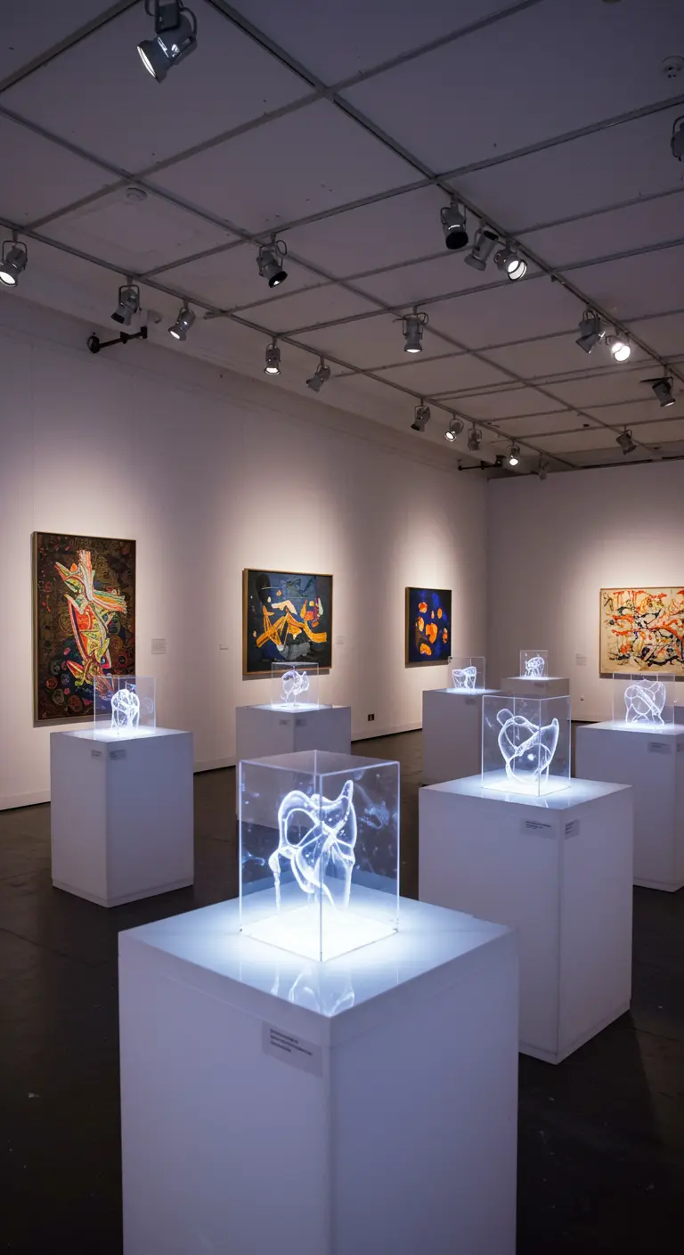 Pièce d'exposition avec des podiums lumineux présentant des sculptures lumineuses abstraites.
