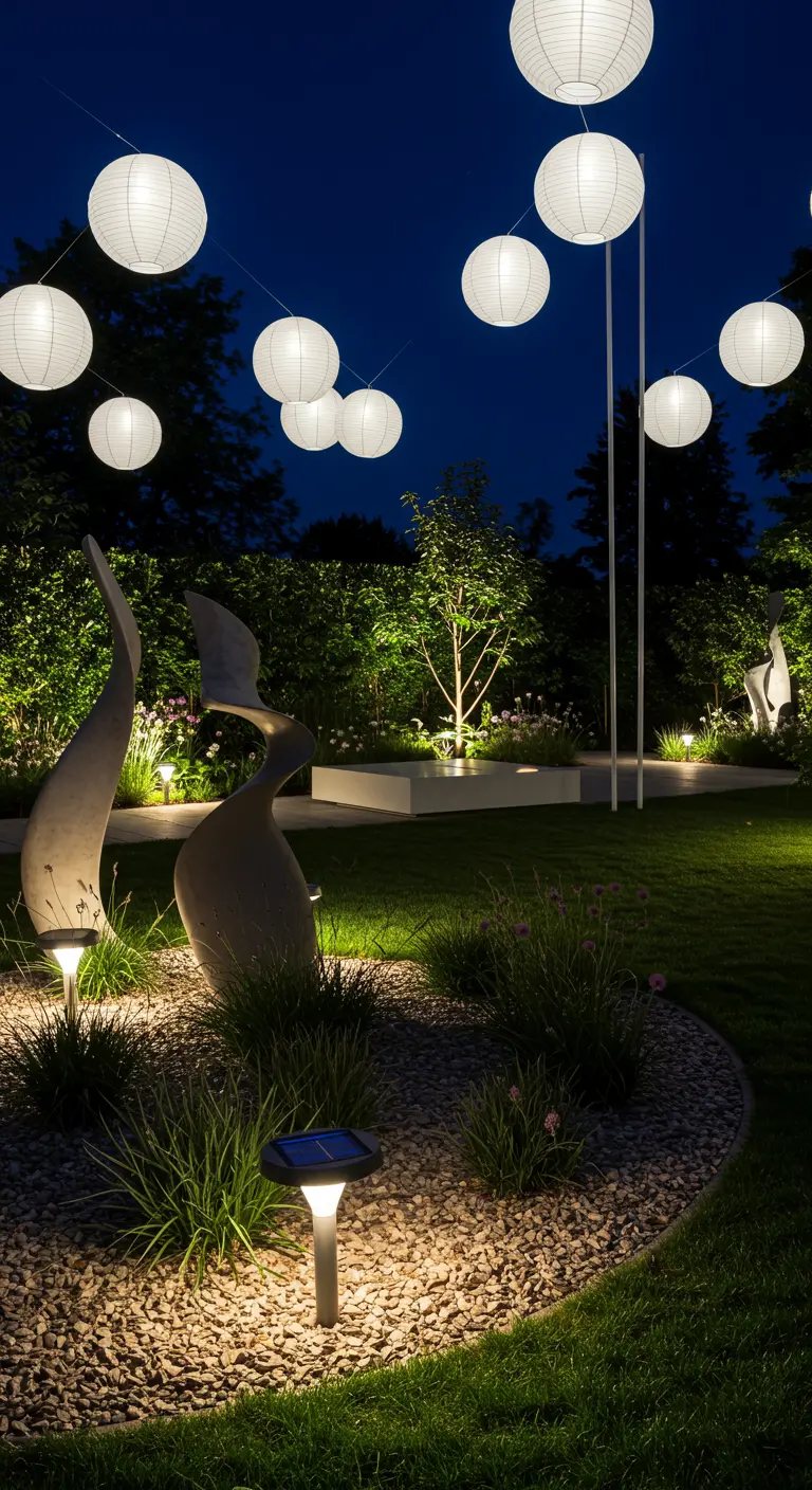 Jardin moderne avec lampions blancs suspendus sur des mâts, sculptures éclairées et lanternes solaires.