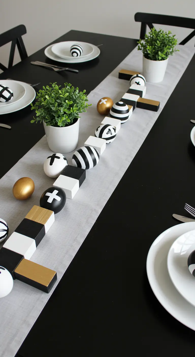 Centre de table moderne avec des blocs de bois peints en noir, blanc et or et des œufs assortis.