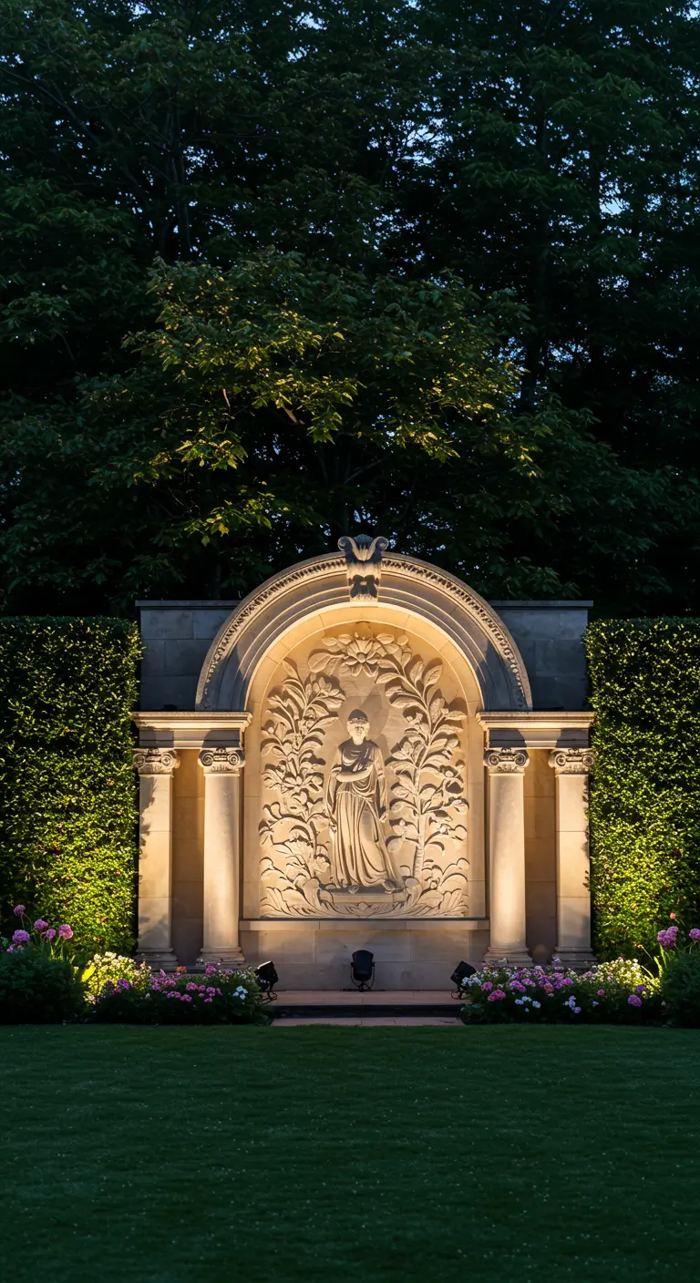 Mur de jardin orné d'une sculpture antique, illuminé par des projecteurs.