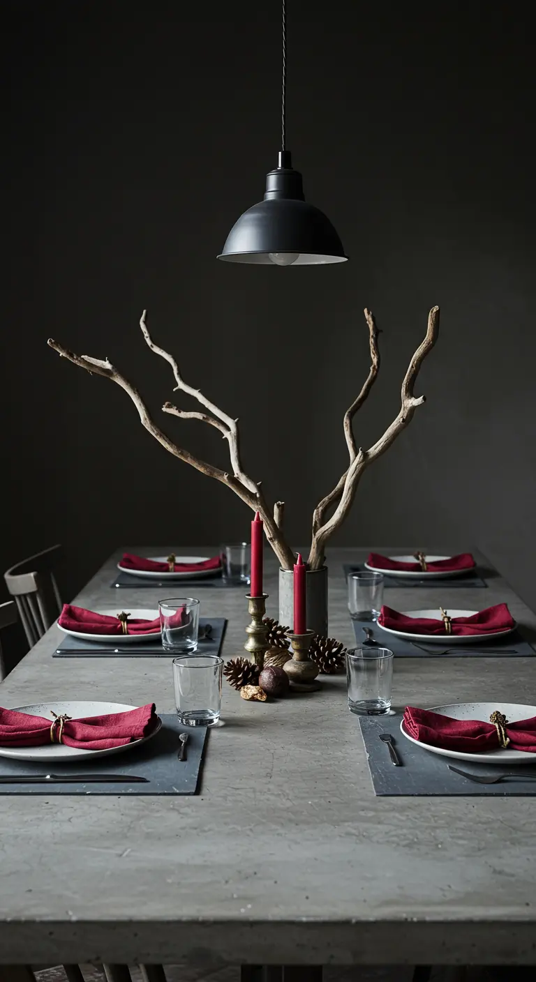 Table minimaliste avec une grande branche de bois sec dans un vase comme centre de table.