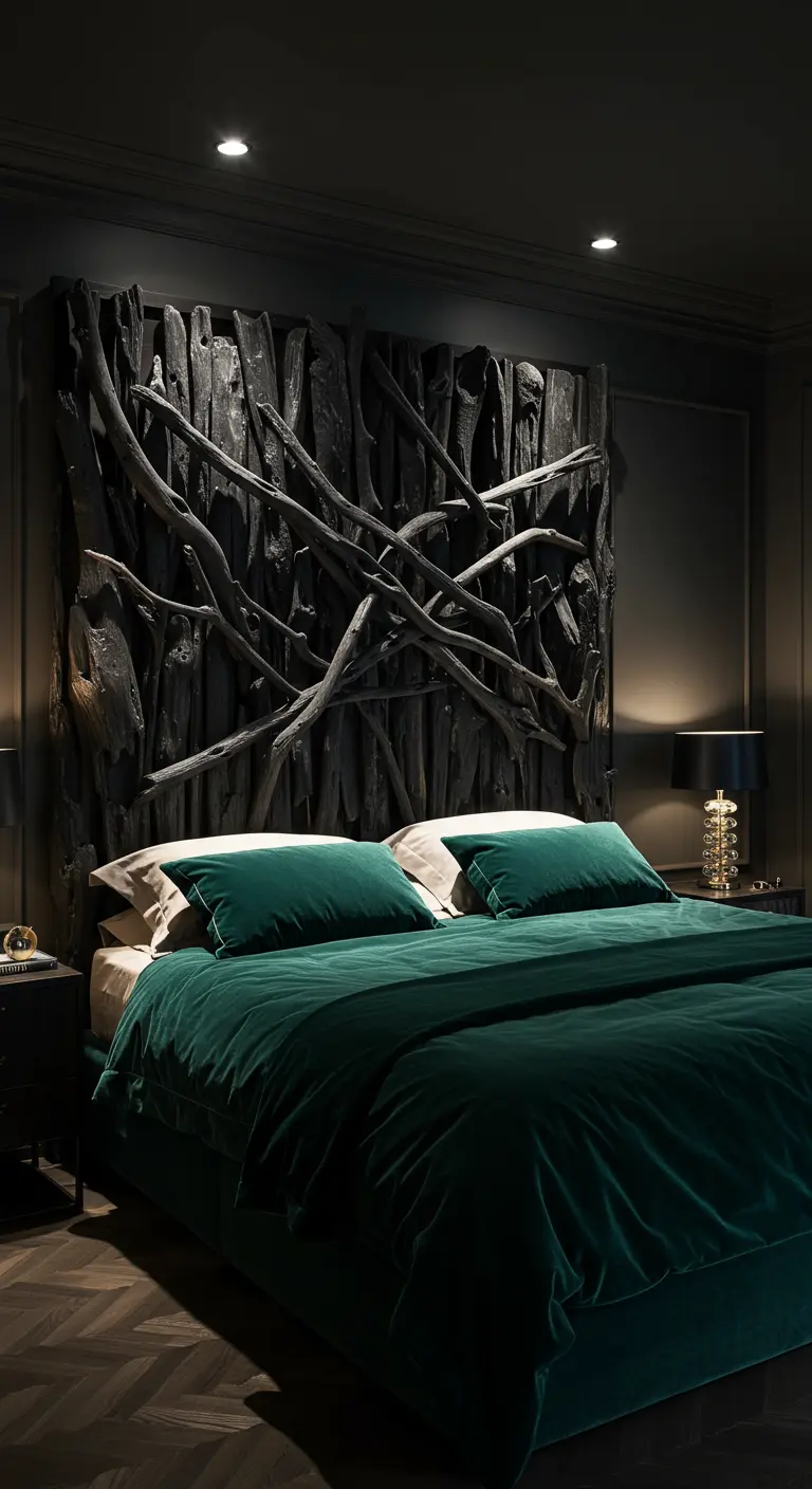 Tête de lit sculpturale composée de branches noires entrelacées dans une chambre sombre.